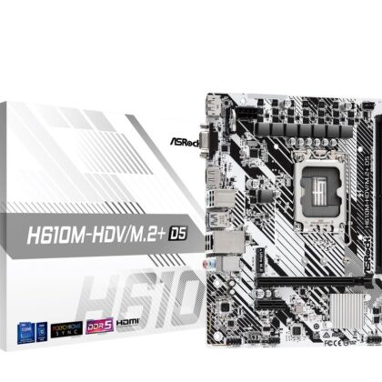 Mainboard ASROCK Intel H610 LGA1700 Micro-ATX Memory DDR5 Memory slots 2 1xPCI-Express 3.0 1x 1xPCI-Express 4.0 16x 1xM.2 1x15pin D-sub 1xHDMI 1xDisplayPort 1xAudio-In 1xAudio-Out 1xMicrophone 4xUSB 2.0 1xUSB 3.2 1xUSB-C 1xPS/2 1xRJ45 H610M-HDV/M.2+D5 H610M-HDV/M.2+ D5 4710483943478